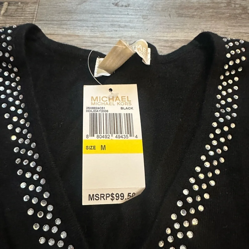 Michael Kors Black V-Neck Bedazzled Rhinestone Neck Sweater Size M NWT - Picture 2 of 4